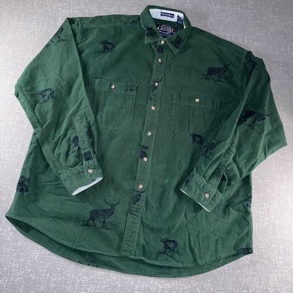 Vintage Gant Rough Weather Shirt Mens XL Green Deer Bear Flannel Hunting Chamois - Picture 1 of 10